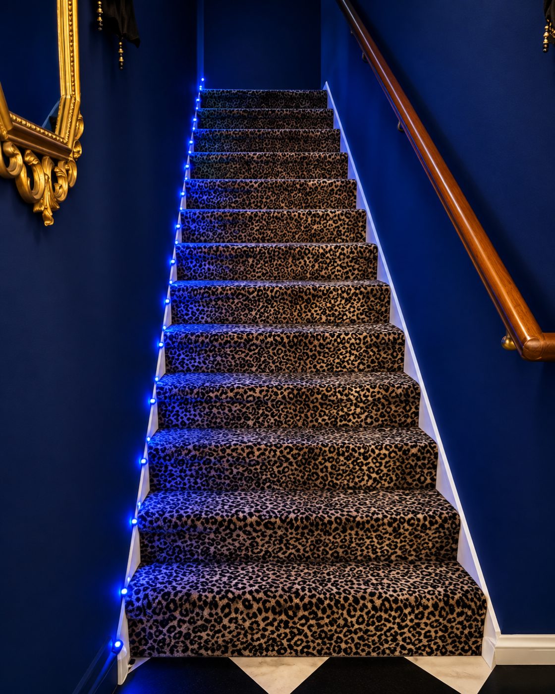 Leopard-print carpet runner on a staircase with blue walls
