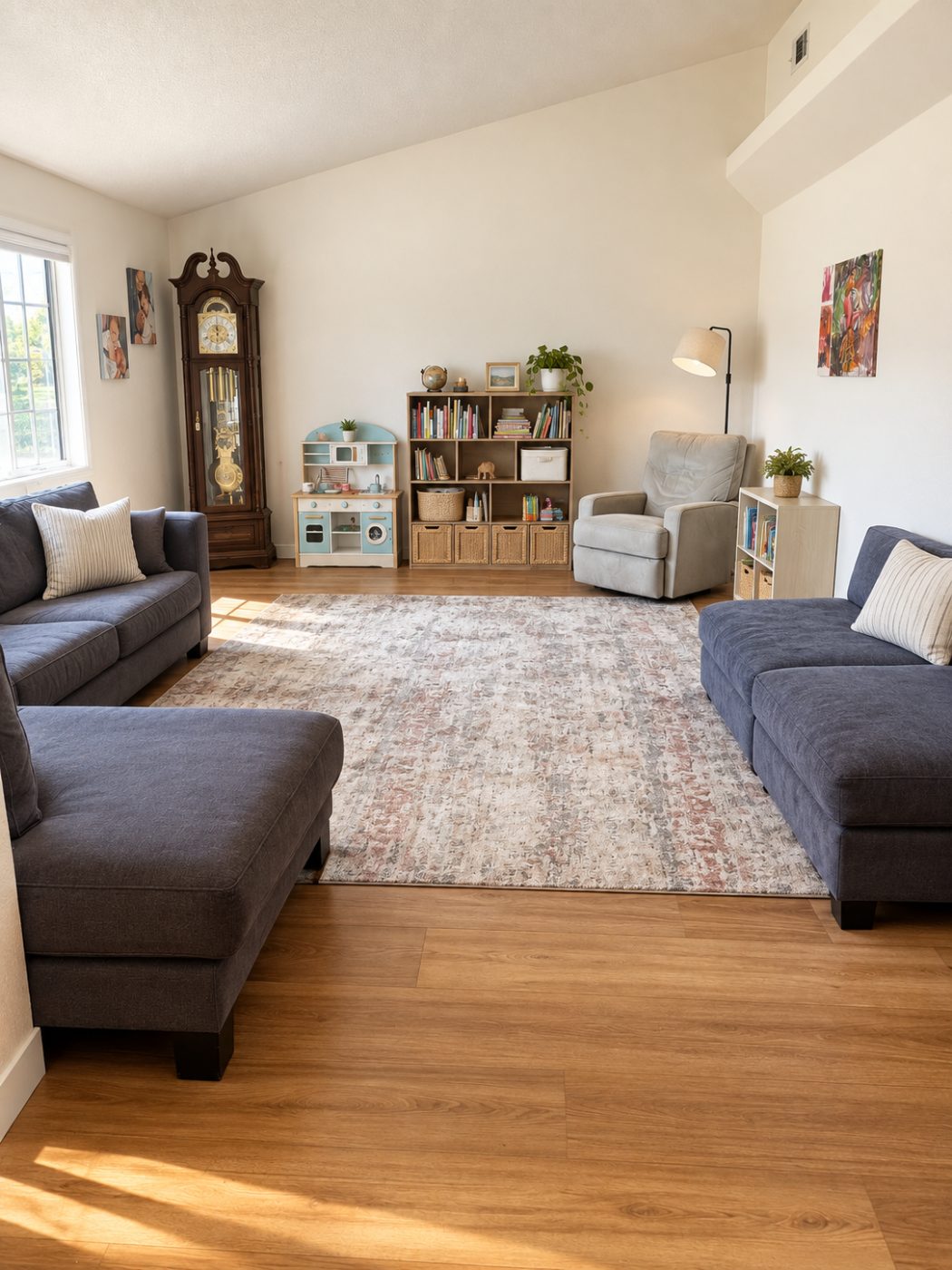 Wood-look luxury vinyl plank in a family room with an area rug